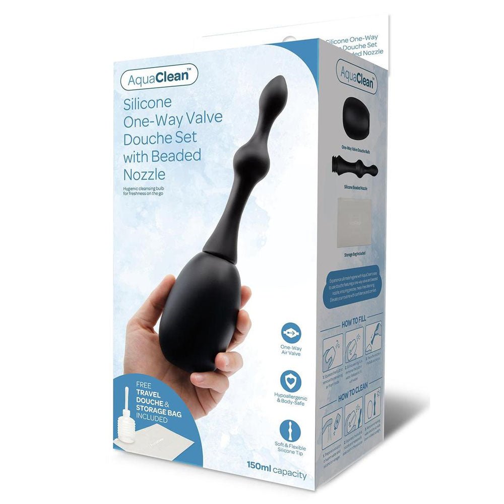 AquaClean Silicone 1-Way Valve Douche Set with Beaded Nozzle - 150 ml Capacity with Free Travel Douche Included - Pleasure Den
