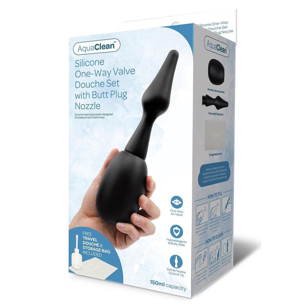 AquaClean Silicone 1-Way Valve Douche Set with Butt Plug Nozzle - 150 ml Capacity with Free Travel Douche Included - Pleasure Den
