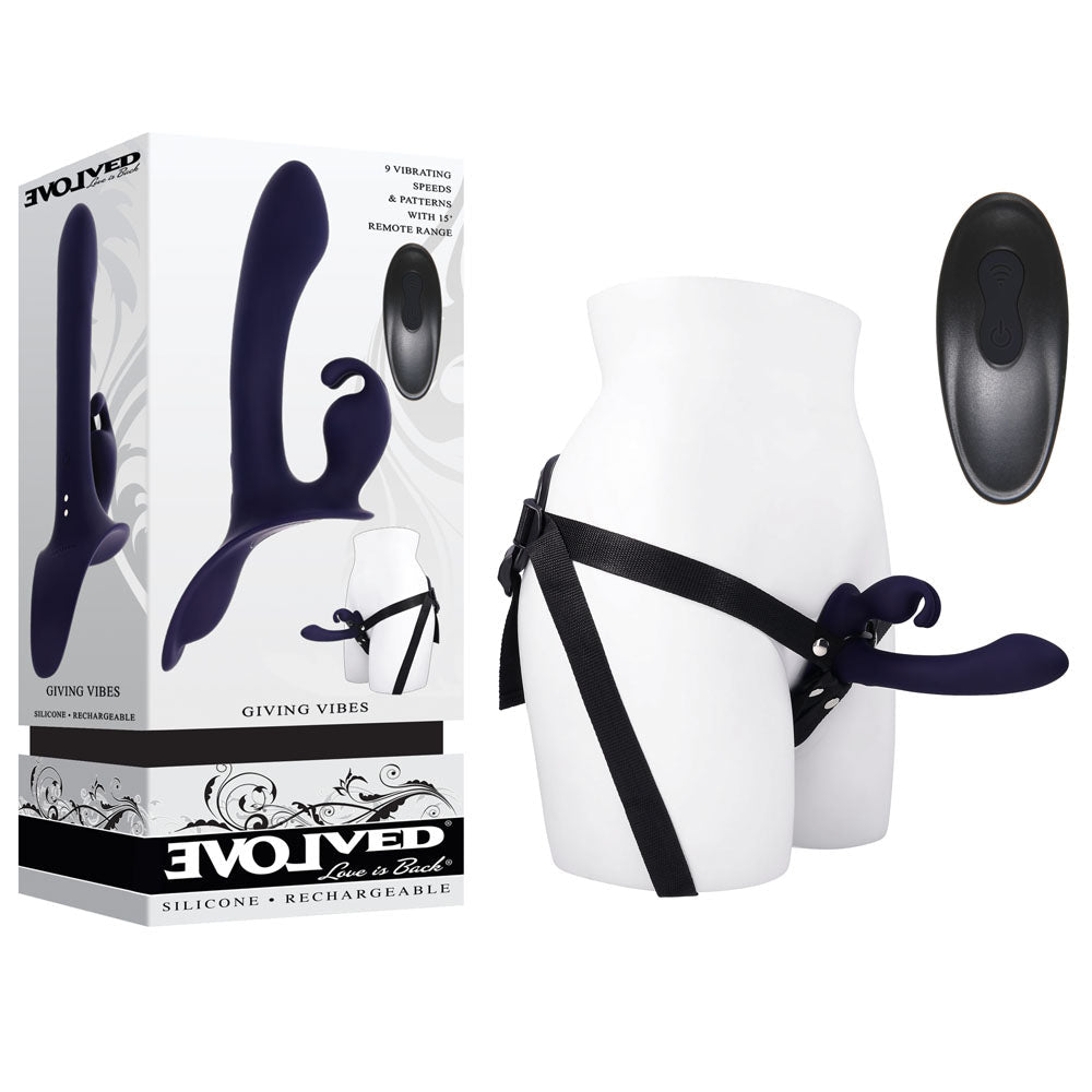 Evolved GIVING VIBES - 14.6 cm USB Rechargeable Vibrating Strap-On with Remote - Pleasure Den