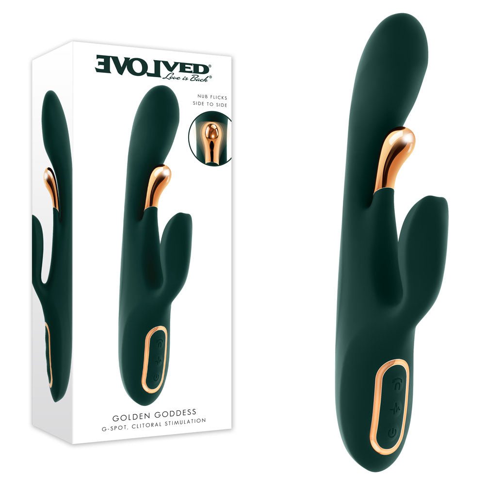 Evolved GOLDEN GODDESS - USB Rechargeable Rabbit Vibrator with G-Spot Flicker - Pleasure Den