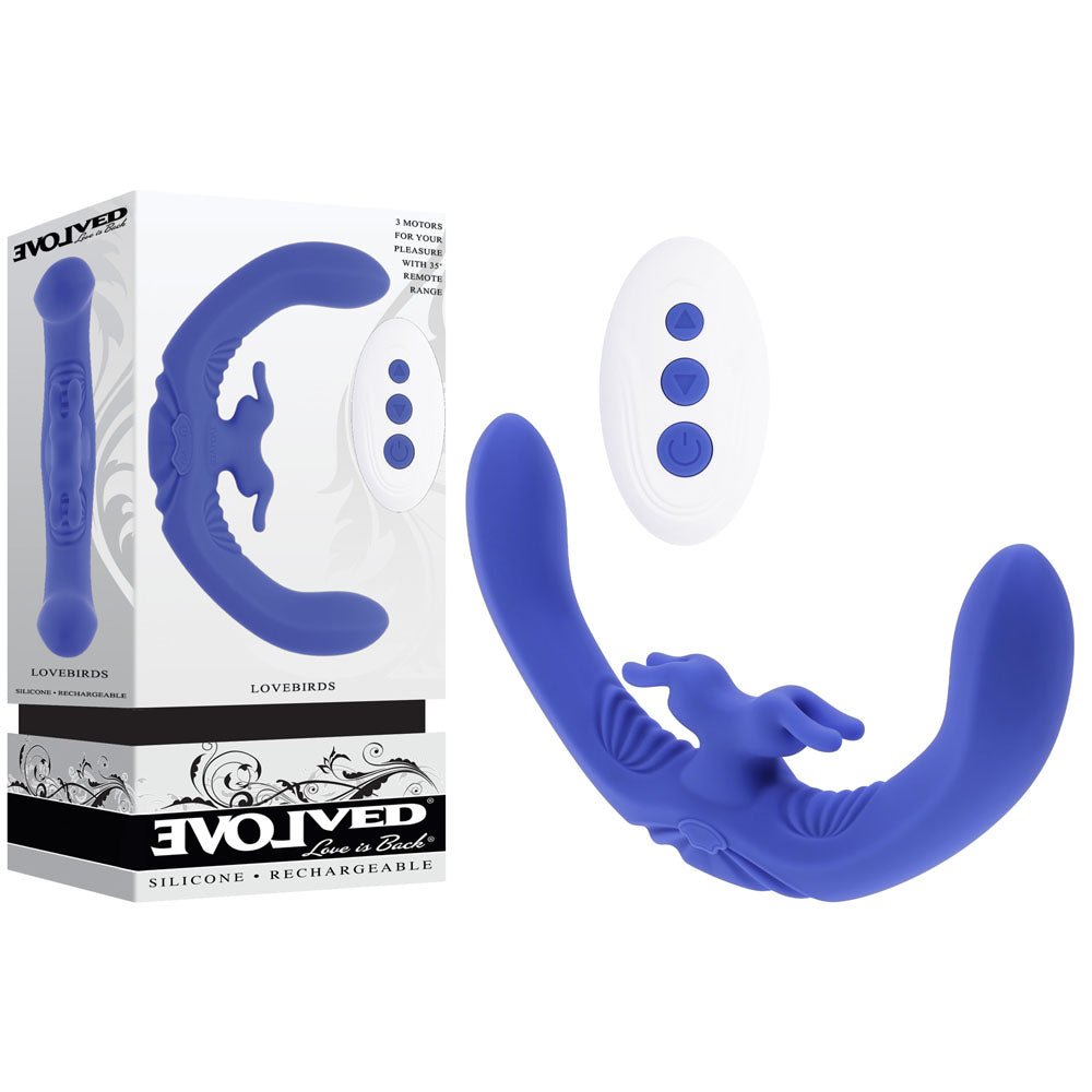 Evolved LOVEBIRDS - 20.8 cm USB Rechargeable Double-Ended Rabbit Vibrator with Remote - Pleasure Den