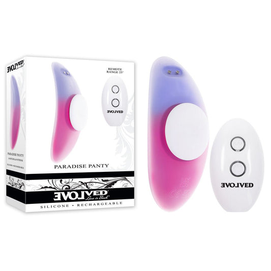 Evolved PARADISE PANTY - Pink/Purple USB Rechargeable Panty Vibrator with Remote Control - Pleasure Den