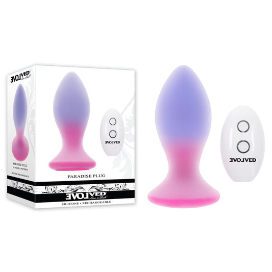 Evolved PARADISE PLUG - Pink/Purple 10.5 cm USB Rechargeable Vibrating Butt Plug with Wireless Remote - Pleasure Den