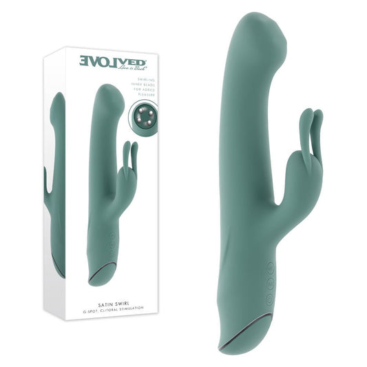 Evolved SATIN SWIRL - 23 cm USB Rechargeable Rabbit Vibrator with Swirling Head - Pleasure Den