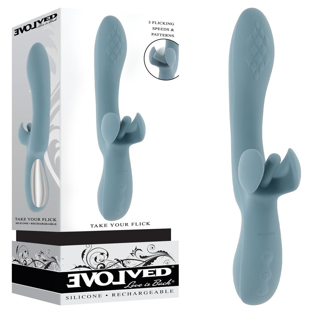 Evolved TAKE YOUR FLICK - Grey 24.1 cm USB Rechargeable Vibrator with Flicking Clitoral Stimulator - Pleasure Den