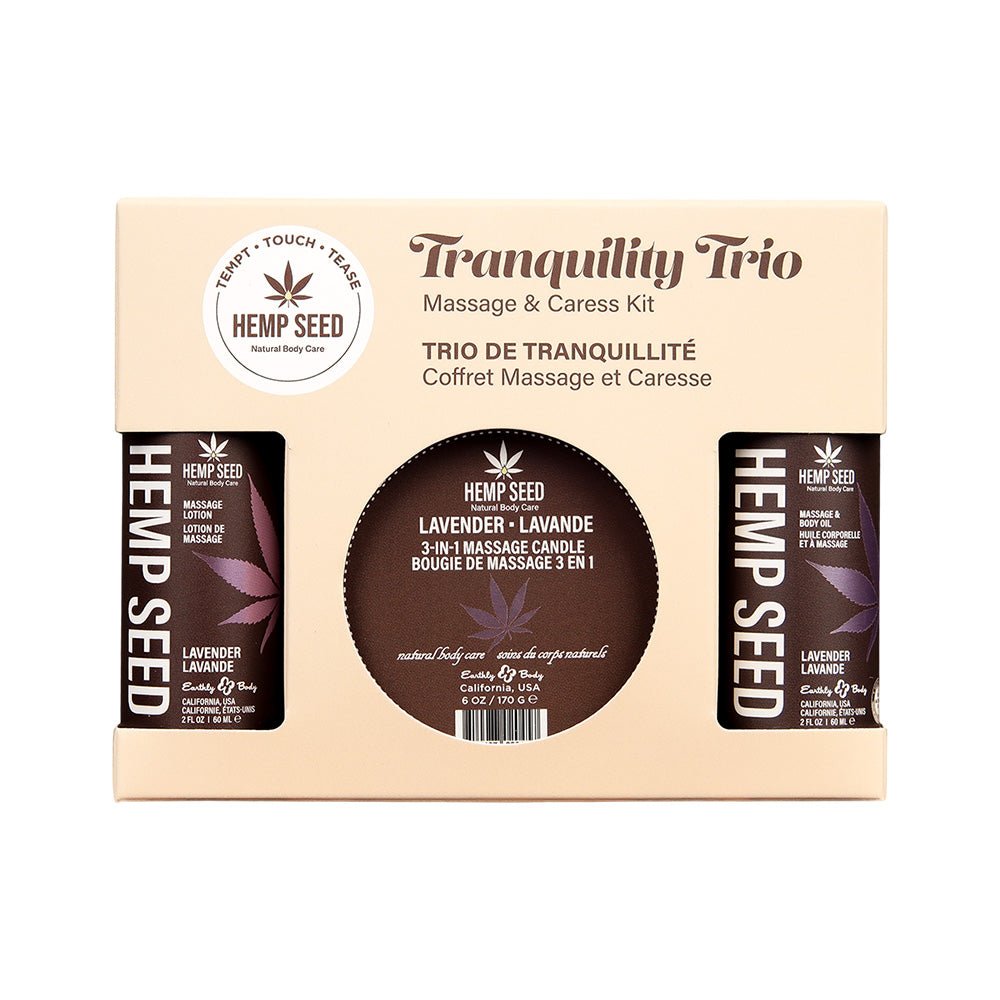 Hemp Seed Tranquility Trio - Lavender - Lavender Scented Massage & Caress Kit - 3 Piece Kit - Pleasure Den