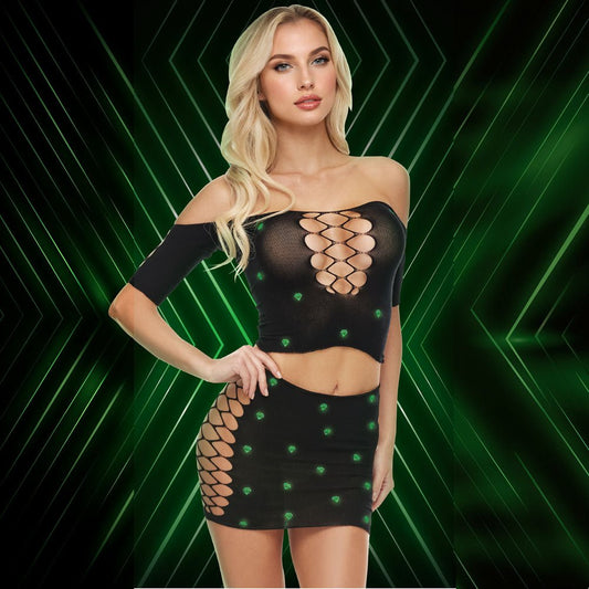 LAPDANCE Diamond Crop Top & Skirt Set - OS - with Glow in Dark Pattern - One Size - Pleasure Den