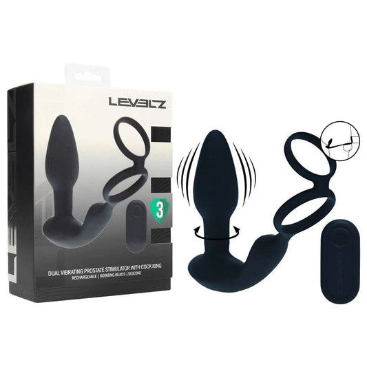 LEVELZ Dual Vibrating Prostate Stimulator with Cock Ring - USB Rechargeable Vibrating Butt Plug with Cock Ring - Pleasure Den