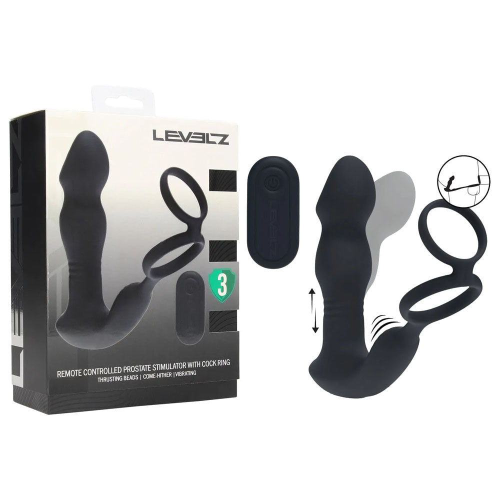 LEVELZ Remote Controlled Prostate Stimulator with Cock Ring - USB Rechargeable Vibrating Thrusting Prostate Massager with Cock Ring - Pleasure Den