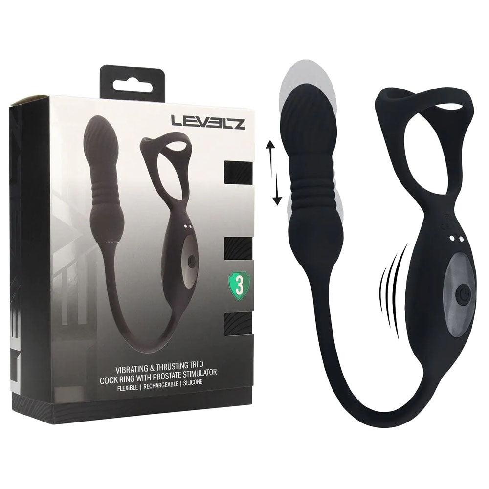 LEVELZ Vibrating & Thrusting TriO Cock Ring with Prostate Stimulator Plug - Pleasure Den