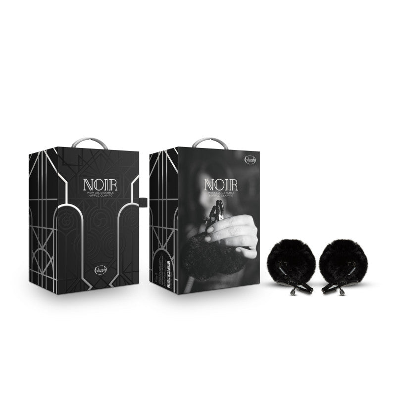 Noir Pom Adjustable Nipple Clamps - Black Furry Nipple Clamps - Pleasure Den