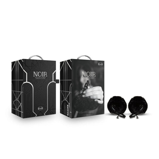 Noir Pom Adjustable Nipple Clamps - Black Furry Nipple Clamps - Pleasure Den
