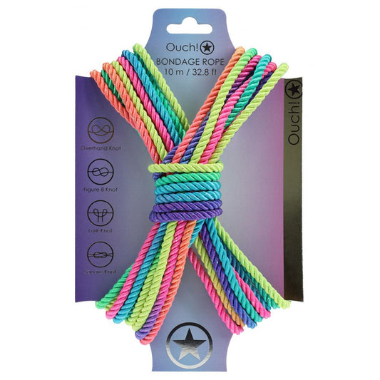 OUCH! Bondage Rope - 10 M - Multicolour 2 - Multicoloured Nylon Bondage Rope - 10 metre Length - Pleasure Den