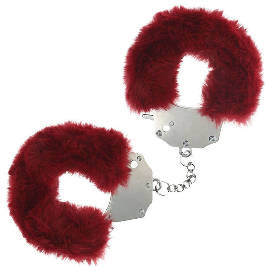 OUCH! Heavy-Duty Fluffy Cuffs - Burgundy - Burgundy Fluffy Restraints - Pleasure Den