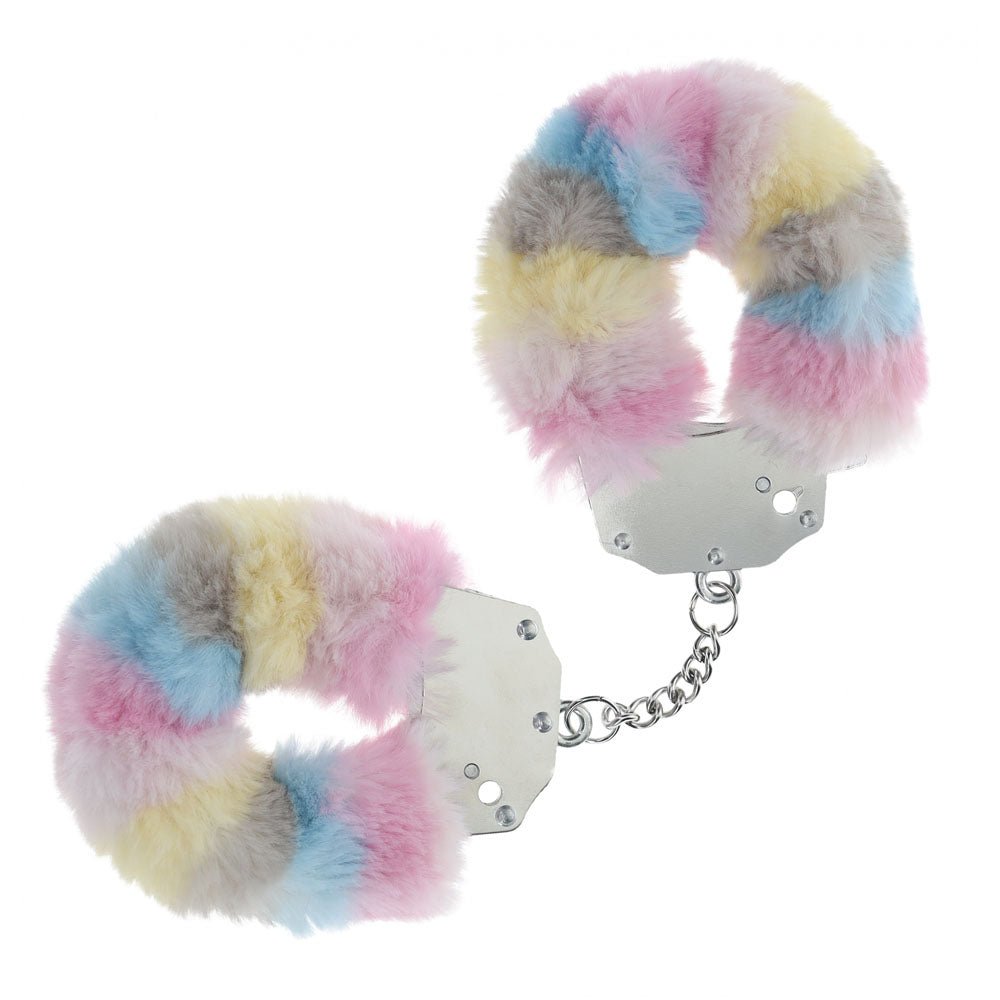 OUCH! Heavy-Duty Fluffy Cuffs - Multicolour 2 - Multicoloured Fluffy Restraints - Pleasure Den