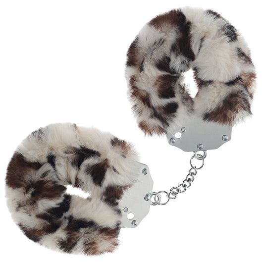 OUCH! Heavy-Duty Fluffy Cuffs - Snow Leopard - Snow Leopard Fluffy Restraints - Pleasure Den