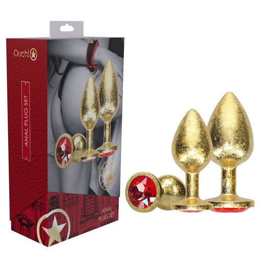 OUCH! Milan Collection - Metal Anal Plug Set - Gold - Gold Butt Plugs with Gem Bases - Set of 3 Sizes - Pleasure Den