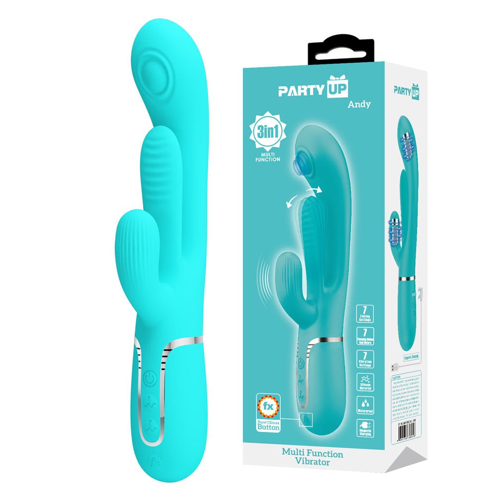 Party Up ANDY Multi Function Vibrator - Teal - Teal 22.2 cm USB Rechargeable Rabbit Vibrator with Flicking and Thumping Tip - Pleasure Den