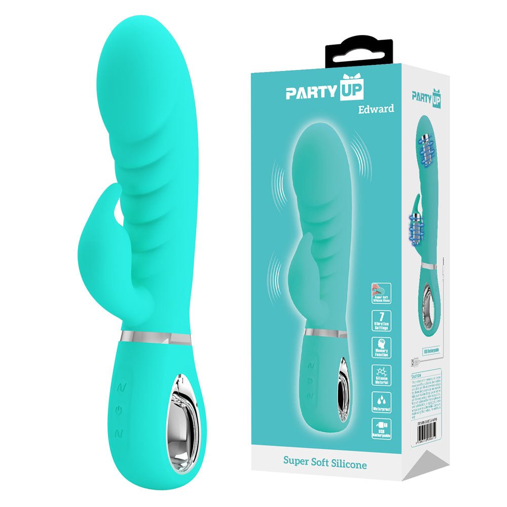 Party Up EDWARD Rabbit Vibe - Teal - Teal 20 cm USB Rechargeable Rabbit Vibrator - Pleasure Den