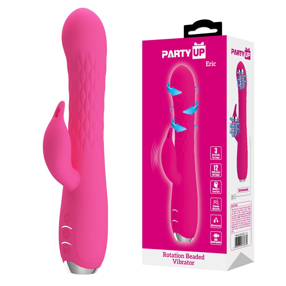 Party Up ERIC Rotating Beads Vibrator - 20.5 cm USB Rechargeable Rabbit Vibrator with Rotating Bead Shaft - Pleasure Den