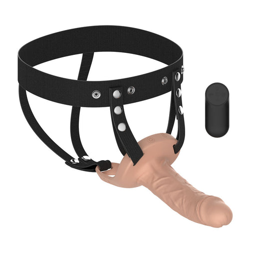 Passion Play Vibrating Realistic Hollow Strap-On - 15.5 cm USB Rechargeable Vibrating Hollow Strap-On with Wireless Remote - Pleasure Den