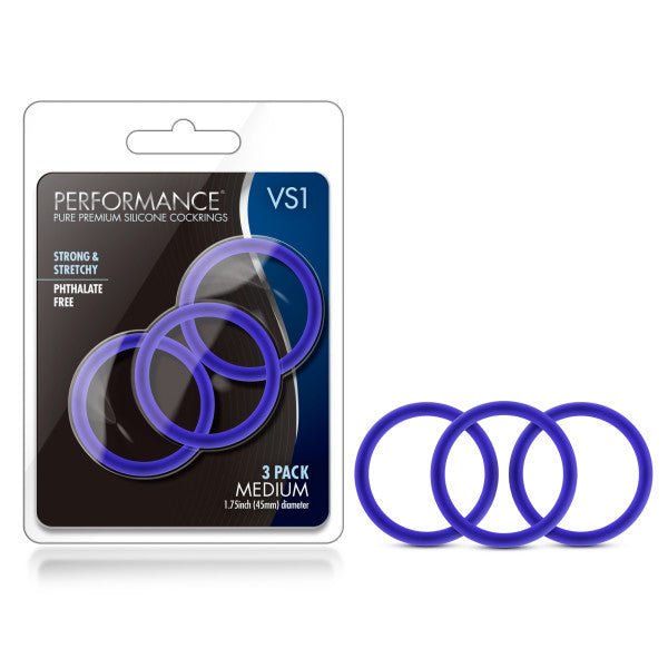 Performance VS1 Pure Premium Silicone Cockrings - Indigo Medium Cock Rings - Set of 3 - Pleasure Den