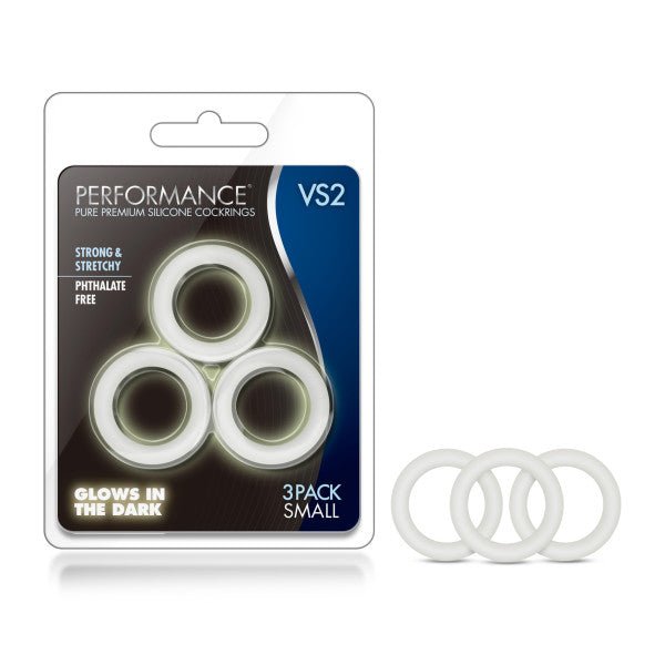 Performance VS2 Pure Premium Silicone Cockrings - Glow In Dark Small Cock Rings - Set of 3 - Pleasure Den