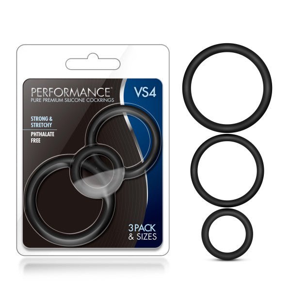 Performance VS4 Pure Premium Silicone Cockrings - Black Cock Rings - Set of 3 Sizes - Pleasure Den