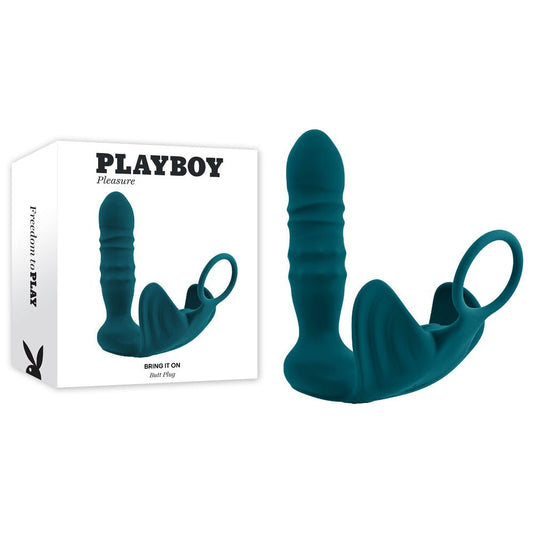 Playboy Pleasure BRING IT ON - Teal USB Rechargeable Thrusting Anal Plug with Cock Ring - Pleasure Den