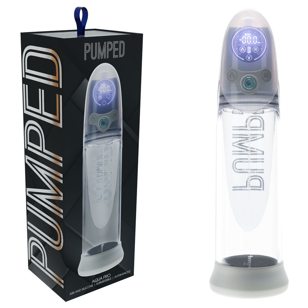 PUMPED Aqua-Pro Auto Pump - Grey - Grey/Clear USB Rechargeable AI-Enabled Submersible Auto Penis Pump - Pleasure Den