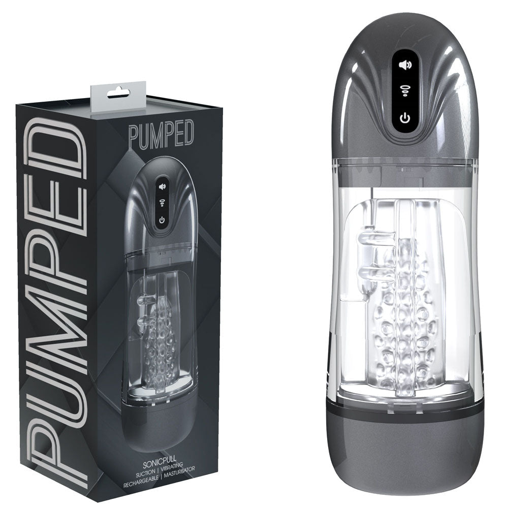 PUMPED SonicPull - Gunmetal - Gunmetal Grey/Clear USB Rechargeable Sucking And Vibrating Auto Masturbator - Pleasure Den