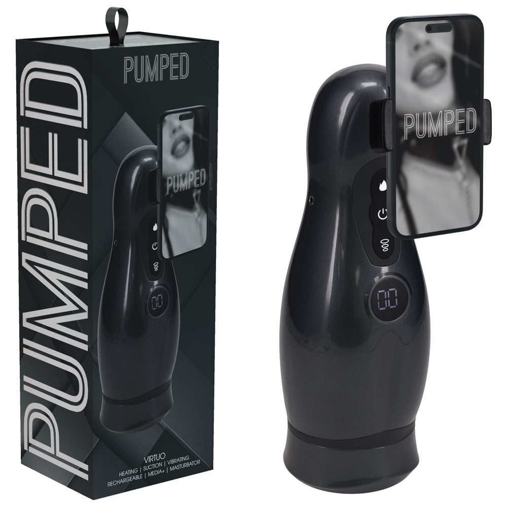 PUMPED Virtuo - Gunmetal - Gunmetal Grey/Clear USB Rechargeable Sucking And Vibrating Auto Masturbator - Pleasure Den