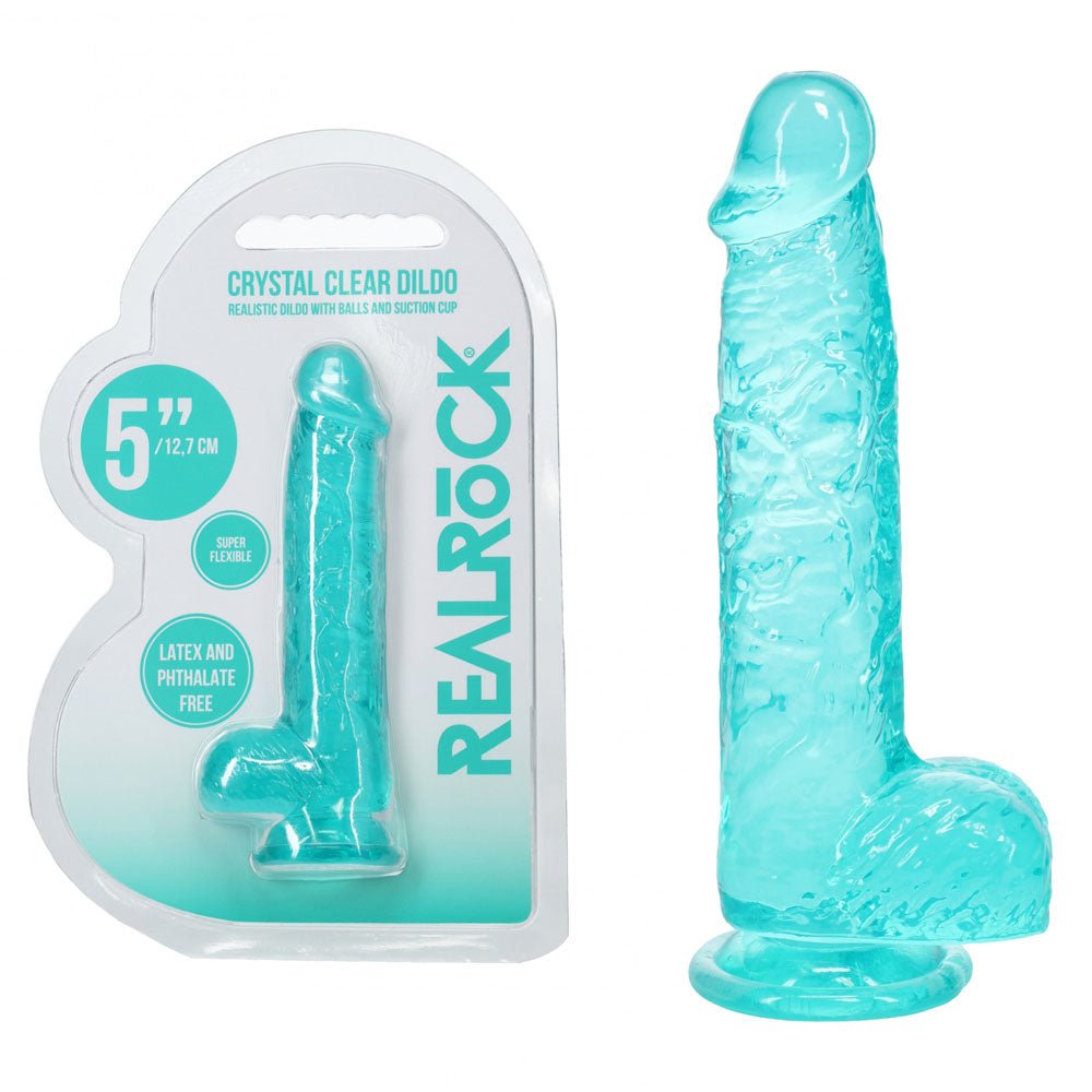 REALROCK 5'' Crystal Clear Dildo with Balls - Turquoise - Clear Turquoise 14.7 cm Dong - Pleasure Den