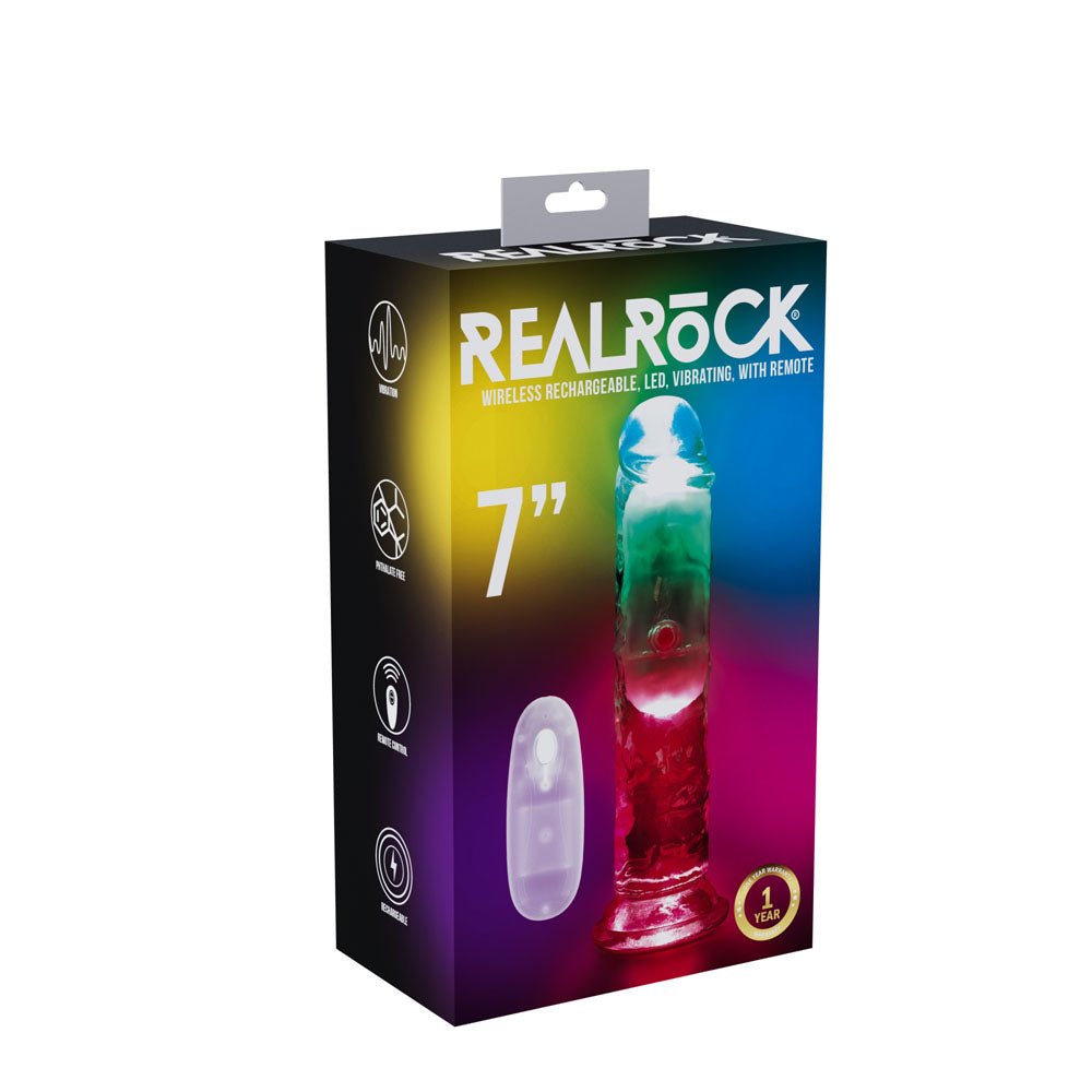 REALROCK 7'' No Balls Wireless Rechargeable LED Vibrating Dong - Clear with LED 20 cm U with Remote - Pleasure Den