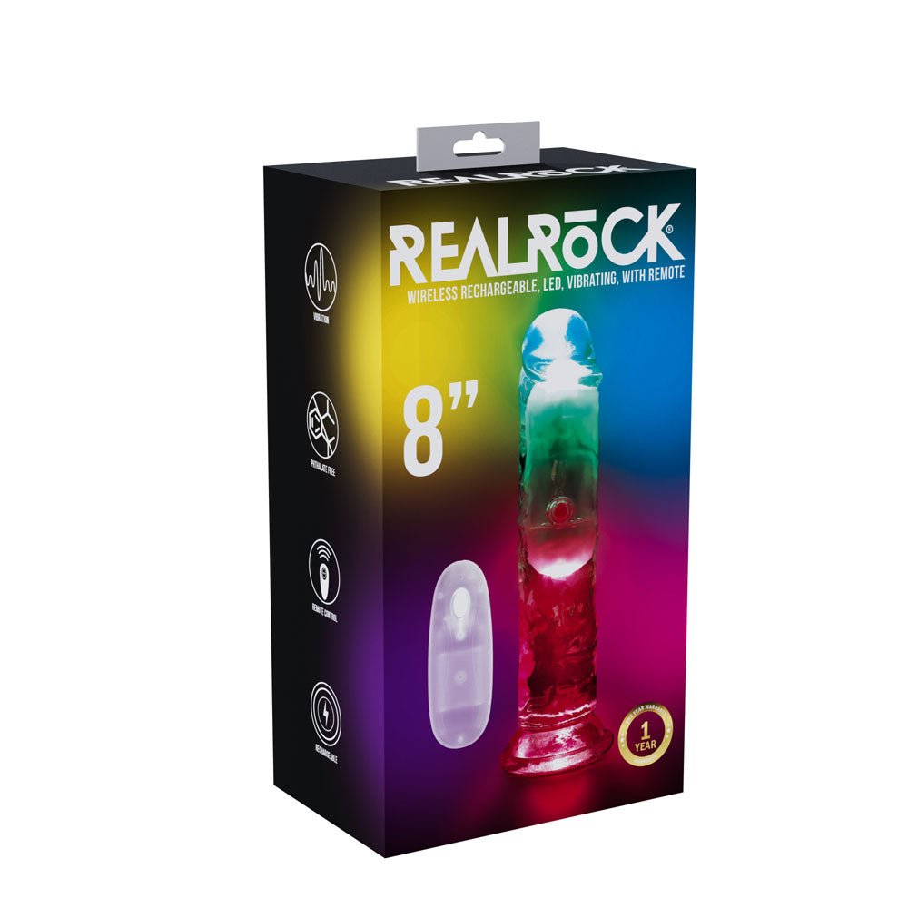 REALROCK 8'' No Balls Wireless Rechargeable LED Vibrating Dong - Clear with LED 22 cm with Remote - Pleasure Den