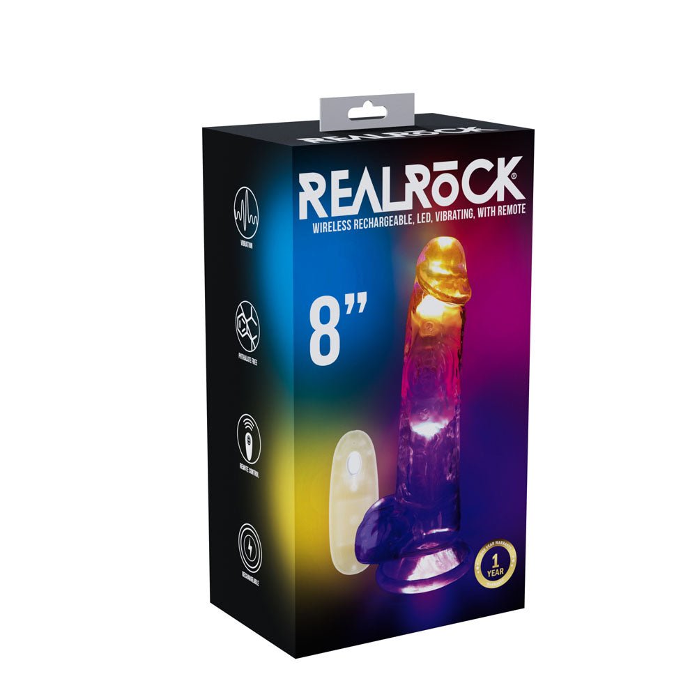 REALROCK 8'' with Balls Wireless Rechargeable LED Vibrating Dong - Clear with LED 22.5 cm USB Rechargeable Vibrating Dong with Remote - Pleasure Den
