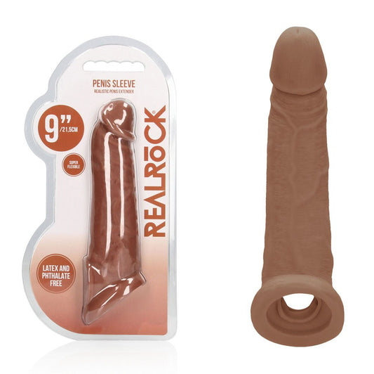 REALROCK 9'' Realistic Penis Extender with Rings - Tan - Tan 22.9 cm Penis Extension Sleeve - Pleasure Den