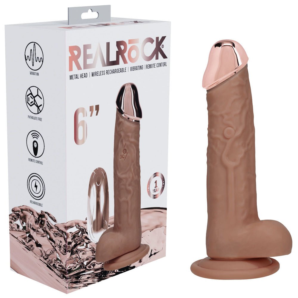REALROCK 6'' 16.2 cm Tan USB Rechargeable Vibrating Dildo with Metal Head and Wireless Remote - Pleasure Den