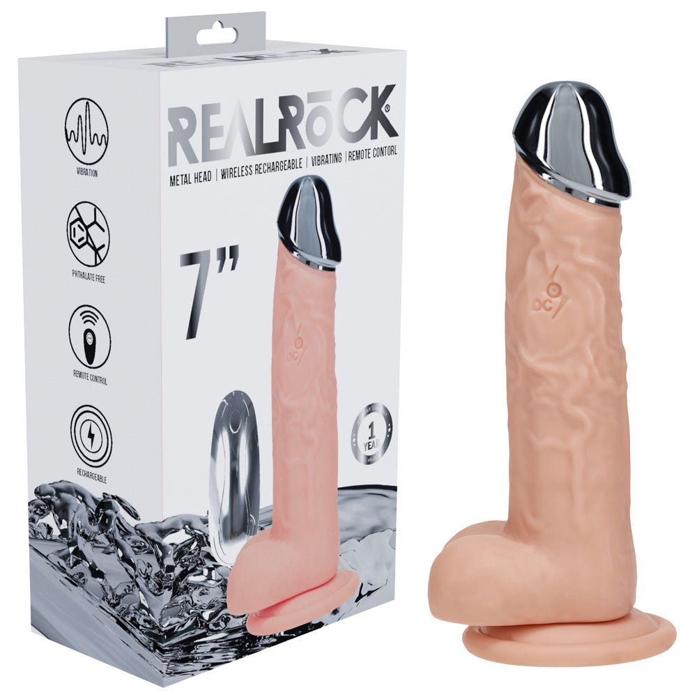 REALROCK Metal Head 7'' Rechargeable Dildo - 19 cm USB Rechargeable Vibrating Dildo with Metal Head and Wireless Remote - Pleasure Den