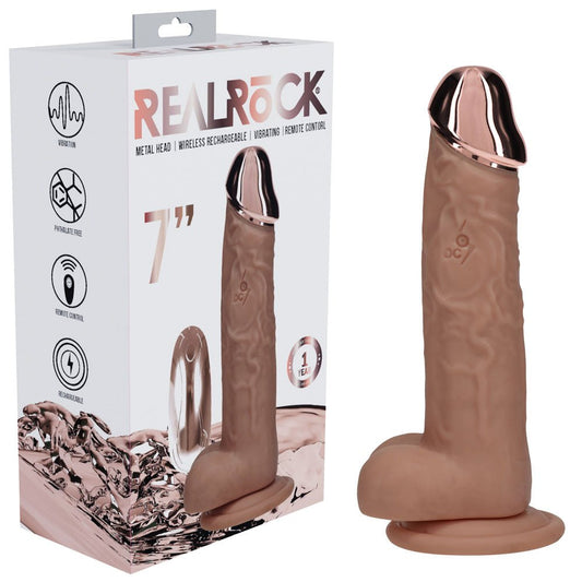 REALROCK Metal Head 7'' Rechargeable Dildo - Tan - Tan 19 cm USB Rechargeable Vibrating Dildo with Metal Head and Wireless Remote - Pleasure Den
