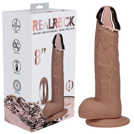 REALROCK Metal Head 8'' Rechargeable Dildo - Tan - Tan 22 cm USB Rechargeable Vibrating Dildo with Metal Head and Wireless Remote - Pleasure Den