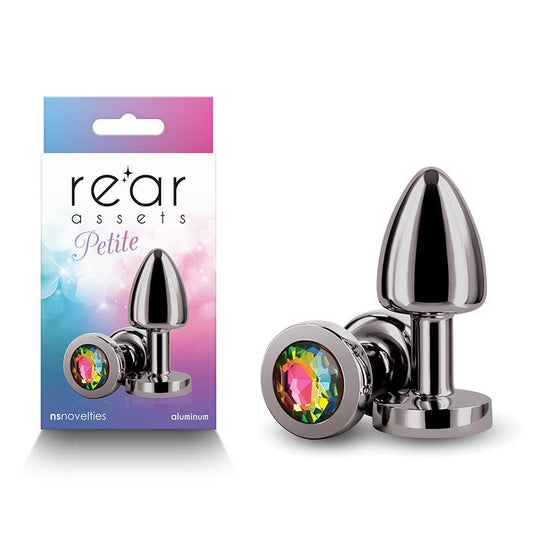 Rear Assets Petite - Gunmetal with Rainbow Gem - Gunmetal 6 cm Metal Butt Plug with Rainbow Round Gem Base - Pleasure Den