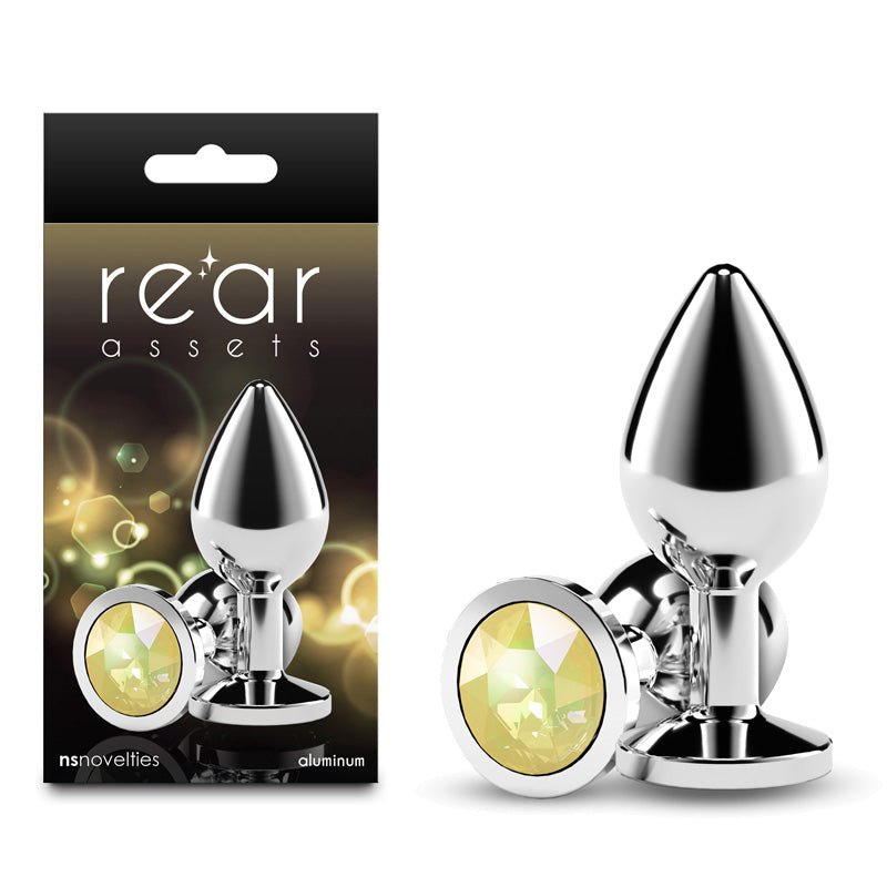 Rear Assets Silver - Medium - Yellow Gem - Silver Medium Metal Butt Plug with Yellow Gem Base - Pleasure Den