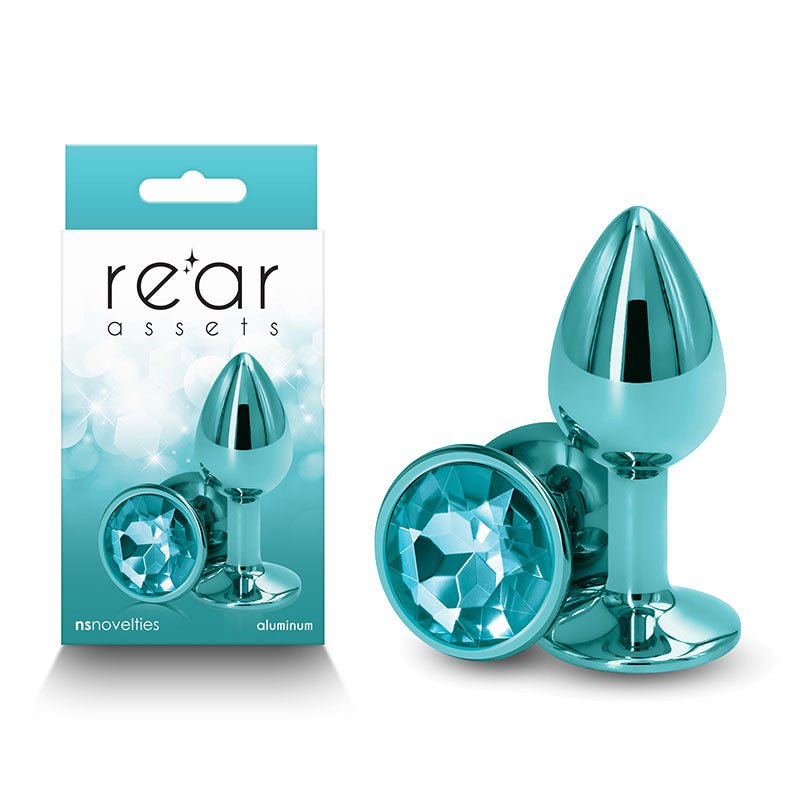Rear Assets - Small - Teal - Teal 7.1 cm Small Metal Butt Plug with Teal Round Gem Base - Pleasure Den