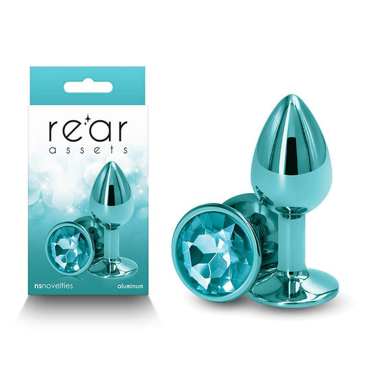 Rear Assets - Small - Teal - Teal 7.1 cm Small Metal Butt Plug with Teal Round Gem Base - Pleasure Den