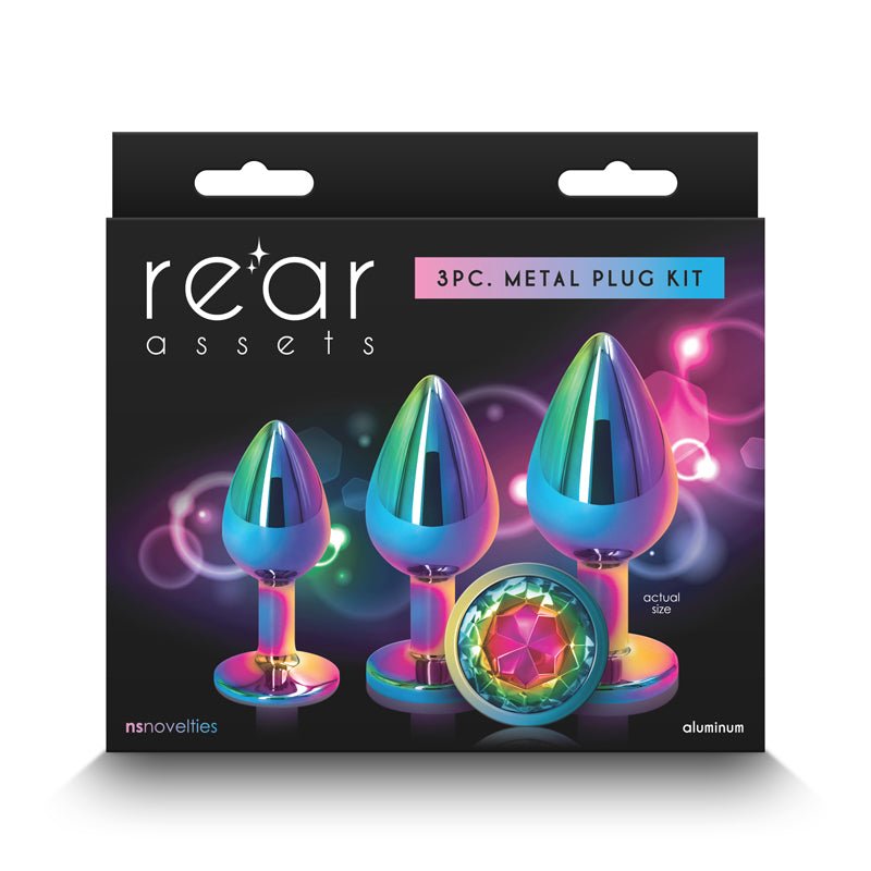 Rear Assets Trainer Kit - Multicolour - Rainbow - Multi Metallic Butt Plugs with Rainbow Gems - Set of 3 Sizes - Pleasure Den