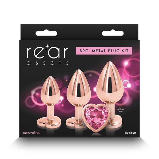 Rear Assets Trainer Kit - Pink Heart - Metallic Butt Plugs with Pink Hearts - Set of 3 Sizes - Pleasure Den