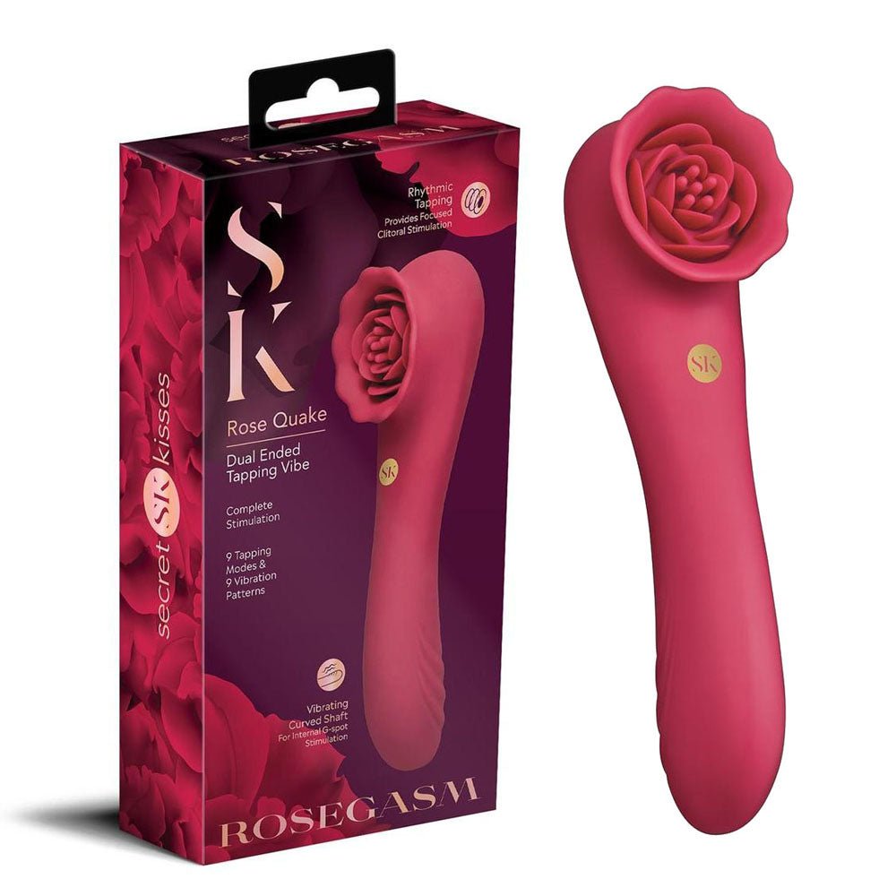 Secret Kisses ROSEGASM ROSE QUAKE - 18.8 cm USB Rechargeable Dual Ended Tapping Vibrator - Pleasure Den