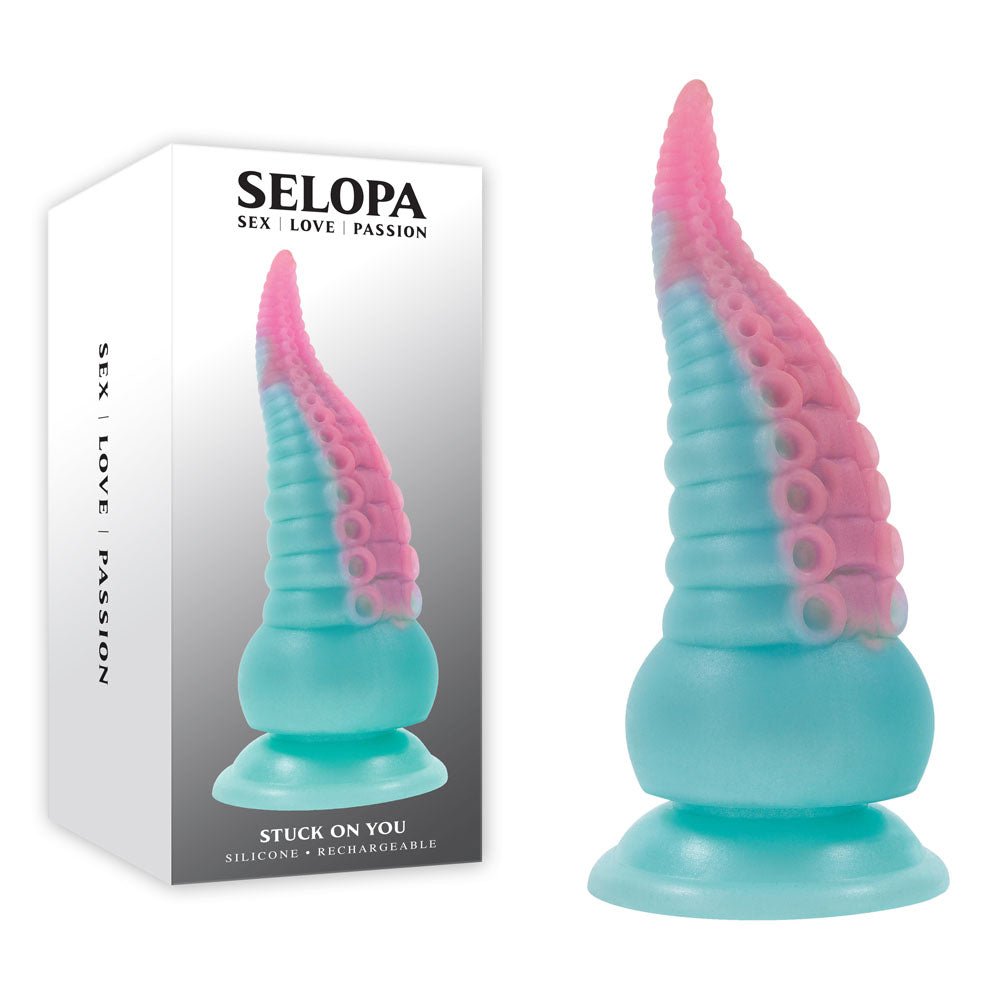 Selopa STUCK ON YOU - Blue/Pink 19 cm USB Rechargeable Vibrating Tentacle Fantasy Dildo - Pleasure Den