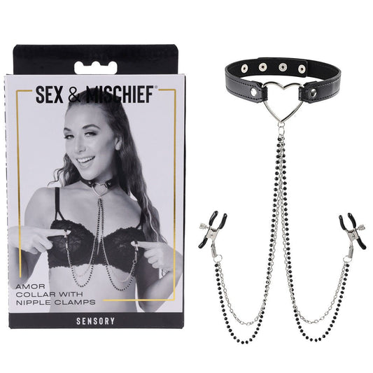 Sex & Mischief Amor Collar with Nipple Clamps - Metal Restraints - Pleasure Den